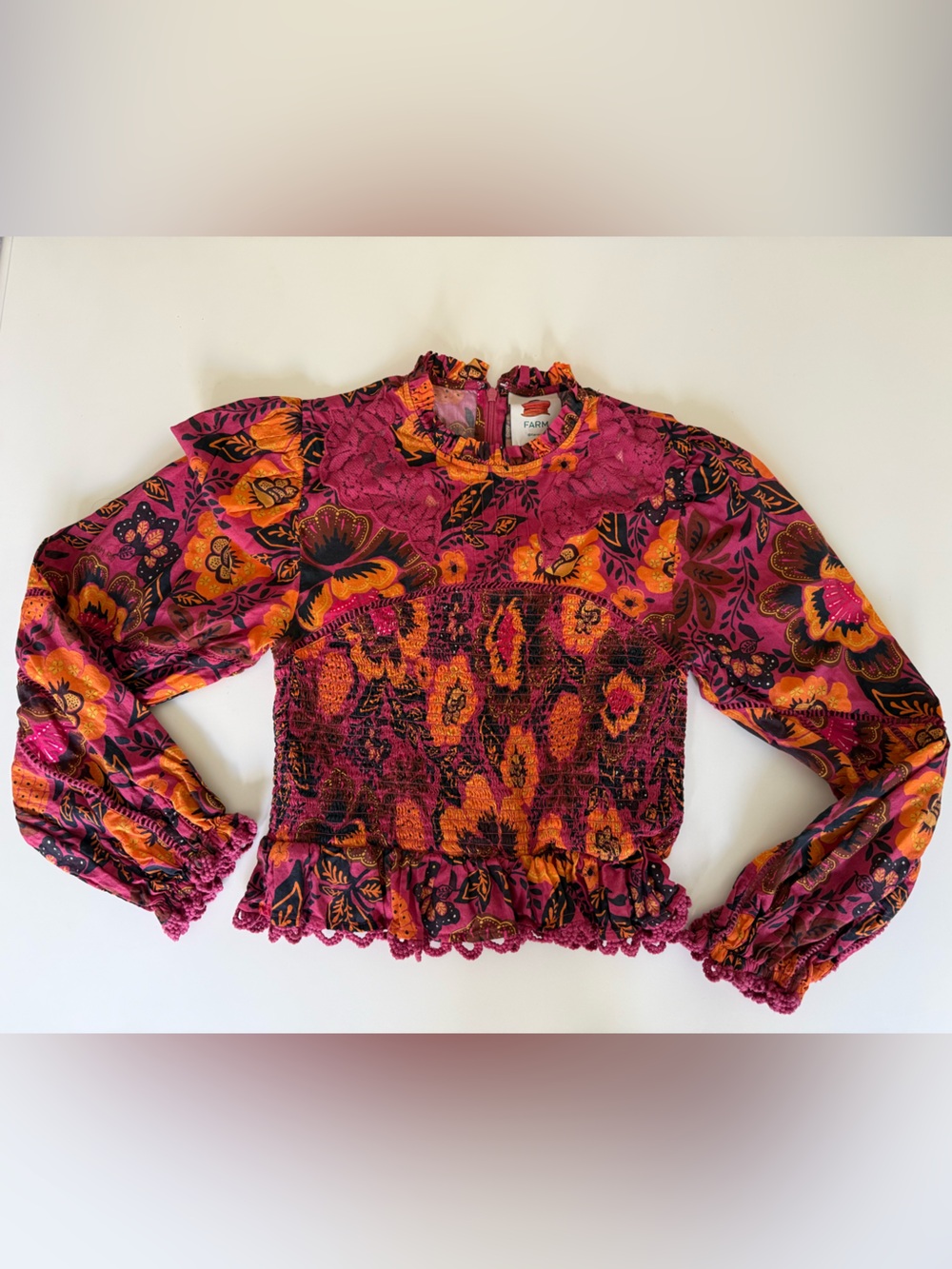 Farm Rio Smocked Floral Long-Sleeve Top in Pink and Yellow - Picture 2 of 4